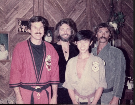 Early days! circa 1982; Left to right: Guest Black Belt, Bob “Trucker” MacFarlane RIP; Kiado-ryu Grandmaster Richard “Whitefire” King; Steven “Widi” Ho (1st KIA Black Belt and National Forms Champion); Guest Black Belt, Larry Vetter RIP